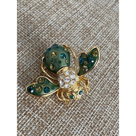 Joan Rivers Large GREEN COSMIC BEE PIN Bug Brooch Crystal Rhinestones - Picture 10 of 12
